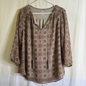 St. John’s Bay Tasseled Front Tie Boho Design Lined Blouse Brown Tones Size L